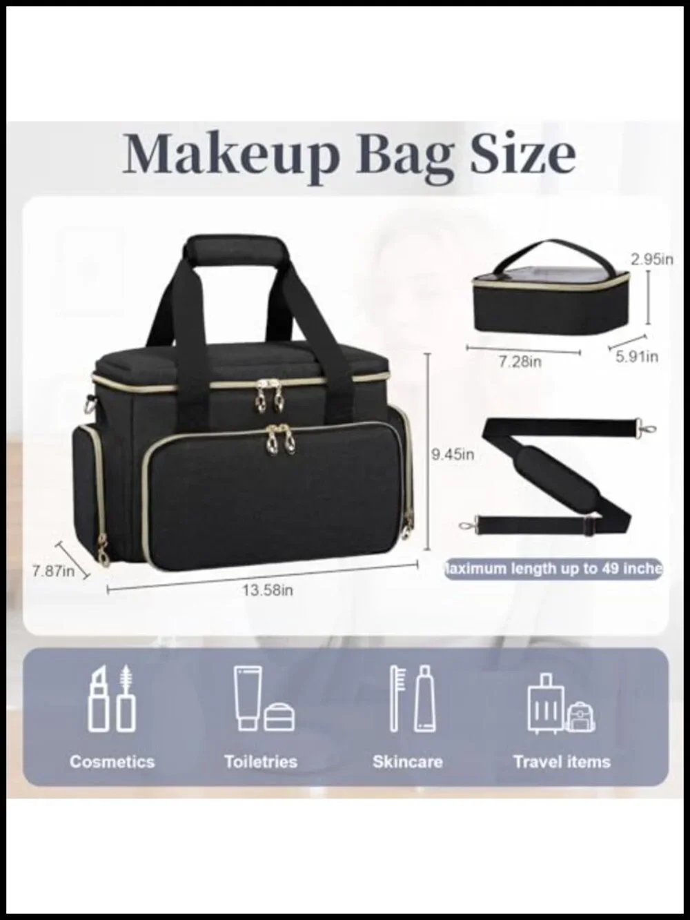 Large Travel Makeup Bag Organizer with 2 Removable Pouches & Dividers, Nylon